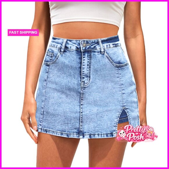 High Waisted Denim Skort with Slit Stretchy Cotton Skirt Shorts
